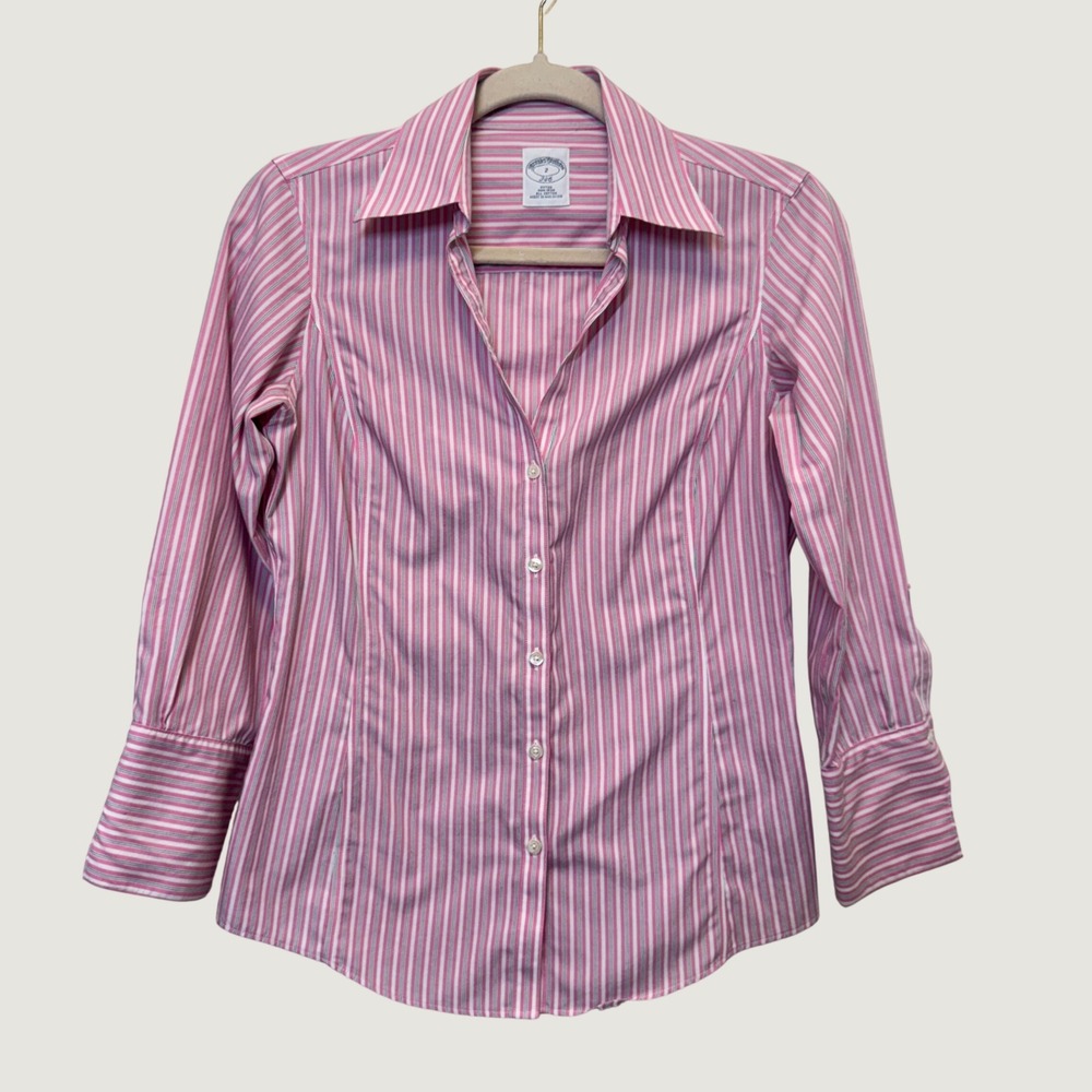 Brooks Brothers Womens Shirt 2 Pink Striped Non-Iron Fitted Cotton Preppy